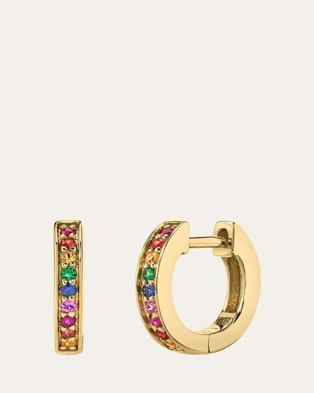 14k Gold Rainbow Sapphire Huggie Hoop Earrings